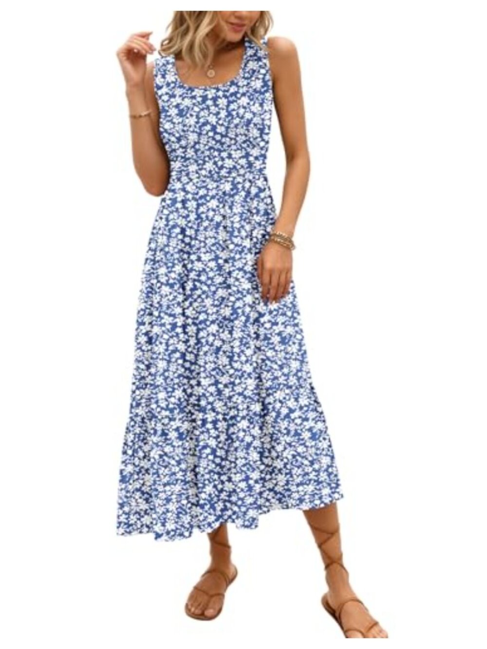 Women Smocked Sleeveless Boho Maxi Dress Tiered Flowy 90% Polyester 10% Spandex